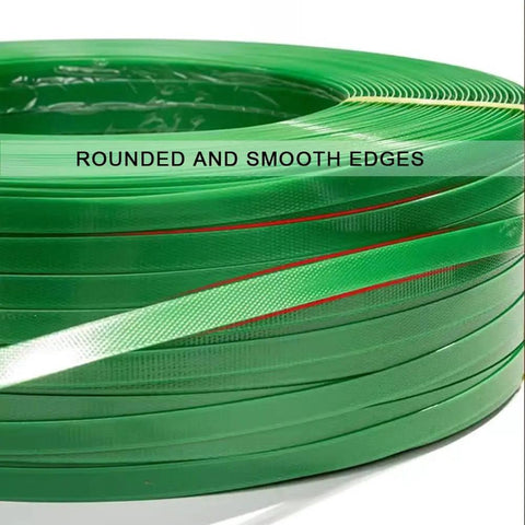 Rock Solid Pet Poly Strapping Roll, Heavy Duty Plastic Pallet Banding Coil with an embossed texture, showing rounded and smooth edges.