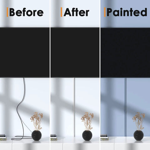 Comparison of TV setup before and after using One Cord Cable Hider Kit, 315 Inch Total Wall Cord Covers, painted to match wall decor.