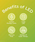 Benefits of LED infographic highlighting energy savings, long life, mercury free, and color variety for 3 Way LED Light Bulb 5/10/19W (50/100/150W Eqv) Soft White 2700K A19 General Purpose Non Dimmable Long Lasting Bulb 2155 Lumens No Fuss Energy Saving Replacement.