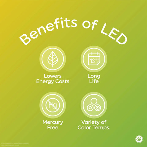 Infographic showing benefits of LED; lowers energy costs, long life, mercury free, variety of color temps, A15 LED Light Bulb 4.5W