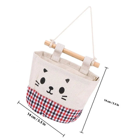 Wall Mounted Hanging Storage Bag Organizer With Solid Wooden Bar For Closets And Doorways Offers Nifty Multi Pockets For Remotes And Keys With Zero Drama Setup, featuring a cute cat design.