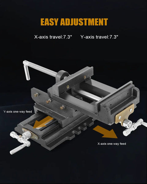 6 Inch Cross Slide Vise For Drill Press And Milling Portable Bench Clamp With 6 Inch Jaw Width, showing x-y axis travel.