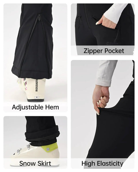 Women's Slim Fit Ski Pants With Fleece Lined Soft Shell That Is Insulated Waterproof And Windproof Warm For Snowboarding And Skiing In Black X Small details including adjustable hem, zipper pocket, snow skirt, high elasticity
