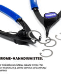 Two blue-handled pliers holding snap rings, part of a 12 Piece Snap Ring Pliers Set Heavy Duty Internal External Convertible Fixed Tip Pliers