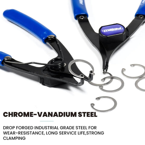 Two blue-handled pliers holding snap rings, part of a 12 Piece Snap Ring Pliers Set Heavy Duty Internal External Convertible Fixed Tip Pliers