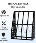 Heavy Duty Vertical Parts Storage Rack For Pipes And Lumber Hella Sturdy Four Bay Metal Bar Rack With Safety Chain Black Coated Steel, side view.