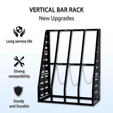 Heavy Duty Vertical Parts Storage Rack For Pipes And Lumber Hella Sturdy Four Bay Metal Bar Rack With Safety Chain Black Coated Steel, side view.