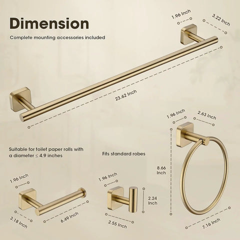 Dimensions of the Matte Black 4 Piece Bathroom Hardware Set with SUS304 wall mounted towel bar, ring, paper holder, and hook.
