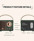 Mini Retro Bluetooth Speaker Portable Wireless Speaker feature details front and back view in green vintage decor style