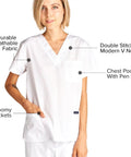 Unisex Medical Scrub Set Featuring V-Neck Top And Straight Leg Pants In Fresh White, Cotton Polyester Blend for nurses with chest pocket.