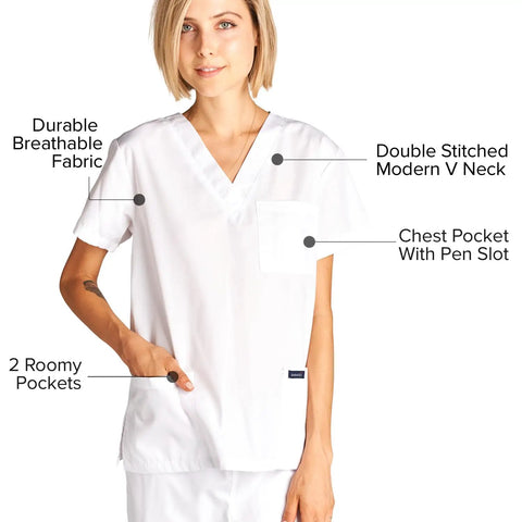 Unisex Medical Scrub Set Featuring V-Neck Top And Straight Leg Pants In Fresh White, Cotton Polyester Blend for nurses with chest pocket.