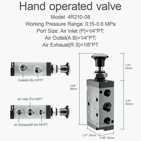 5 Way 2 Position Pneumatic Solenoid Valve With Hand Lever Aluminum Body 1/4 NPT Ports, Model 4R210-08 diagram