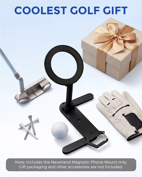 Universal Magnetic Golf Cart Phone Holder With 360 Degree Rotating Mount for MagSafe iPhone and Android next to golf items and gift box
