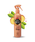 Hassle Free Dry Dog Shampoo Peach Scent Spot Wash For Pooches On The Go, 300ml spray bottle with peach and leaves design.