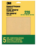 Front view of 3M General Purpose Sanding Sheets, 5 sheets, 9 in x 11 in, 220 grit aluminum oxide sandpaper