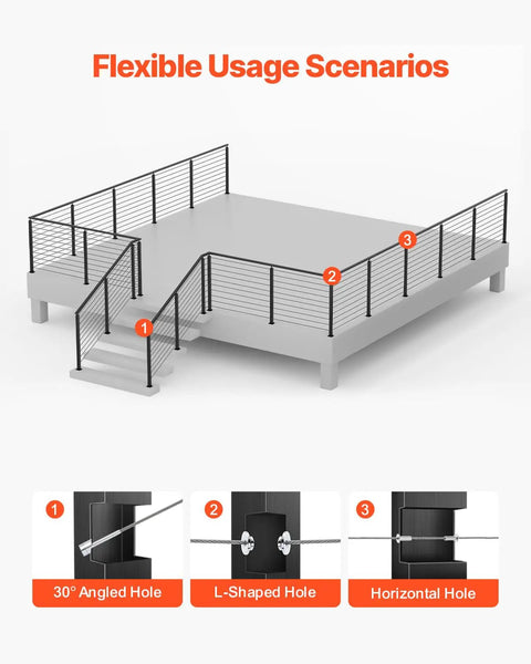 Diagram showing flexible scenarios for Level Drilled Cable Railing Post 36 Inch Black Stainless Steel 4 Pack on deck with cable holes.