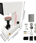 Knockout Precision Digital Rockwell Hardness Tester With Top Shelf Touch Screen LCD And No Sweat High Speed Thermal Printer Ready To Roll For Shop Tests, detailed view with dimensions and accessories.