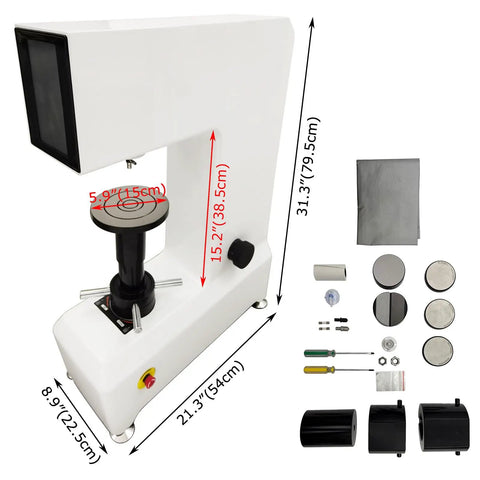 Knockout Precision Digital Rockwell Hardness Tester With Top Shelf Touch Screen LCD And No Sweat High Speed Thermal Printer Ready To Roll For Shop Tests, detailed view with dimensions and accessories.