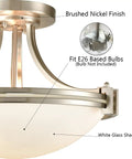 Close-up of Dope Brushed Nickel Three Light Semi Flush Mount Ceiling Light With White Glass Bowl Shade
