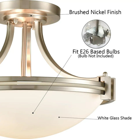 Close-up of Dope Brushed Nickel Three Light Semi Flush Mount Ceiling Light With White Glass Bowl Shade