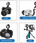 Underwater LED Video Light For GoPro Sony Nikon Cameras, Waterproof To 130 Feet, with camera and lighting system setup.