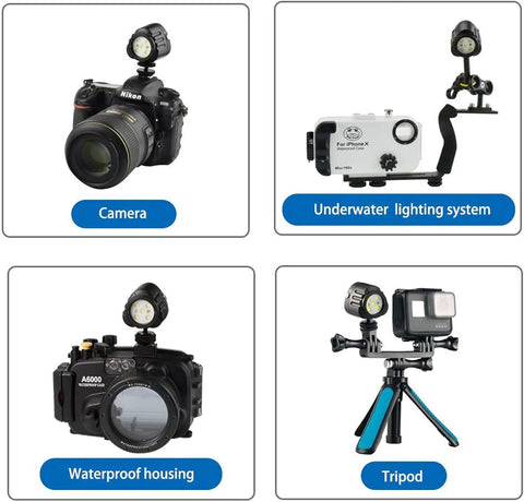 Underwater LED Video Light For GoPro Sony Nikon Cameras, Waterproof To 130 Feet, with camera and lighting system setup.