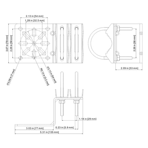 Heavy Duty Universal Mounting Bracket With Knockout Anti Vibration Stability For Security Cameras PTZ Domes And Wireless Routers built tough dimensions illustration.