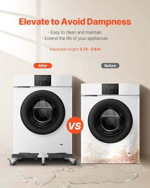 Before and after comparison of washer on black Heavy Duty Appliance Dolly For Washer Refrigerator And Dryer Up To 1200 Lbs With Locking Twin Wheels Steel Frame Adjustable Stand Base And Sturdy Feet For Safe No Sweat Moves, showing elevation and water protection.