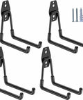 Four Pack Five Point One Inch Heavy Duty U Shaped Garage Hooks Wall Mounted Tool Organizer For Ladders Hoses Cords And Bulk Gear Durable Steel Storage System showing all hooks and screws.