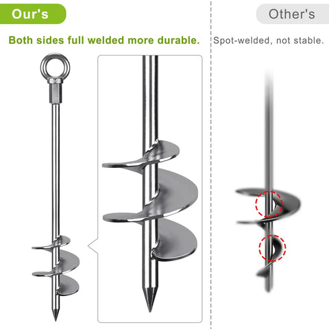 Side-by-side comparison of 30 Inch Ground Screw In Anchors Heavy Duty 12mm Solid Steel with full welded and spot-welded designs