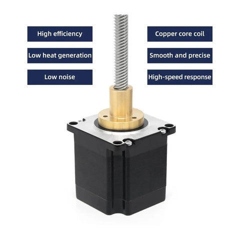 NEMA 8 Stepper Motor Linear Actuator with Through Type Leadscrew Tr3.5 Thread shown with copper core and specifications.