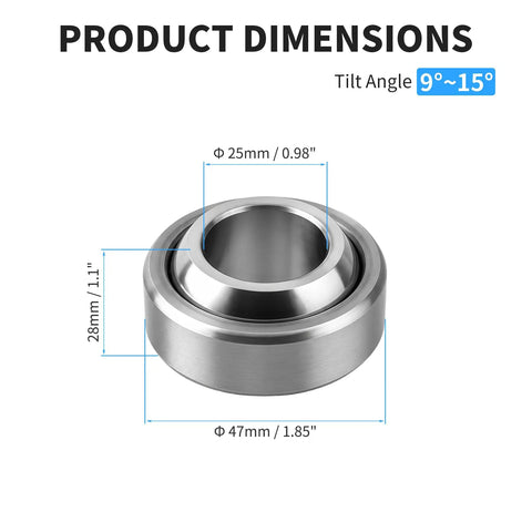 GEG25C Radial Spherical Plain Bearing 25x47x28mm dimensions with bore and outer diameter measurements