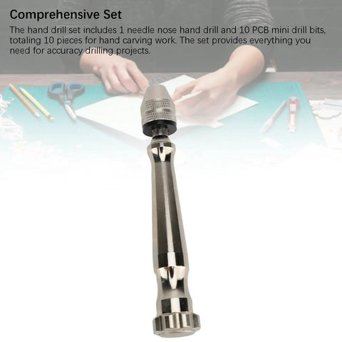 Needle Nose Hand Drill Set With Ten PCB Mini Drill Bits for precise DIY projects, shown with aluminum hand drill and tools.