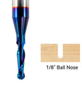Close-up of blue-coated carbide ball-nose end mill with 1/8 in cutting diameter for CNC routing