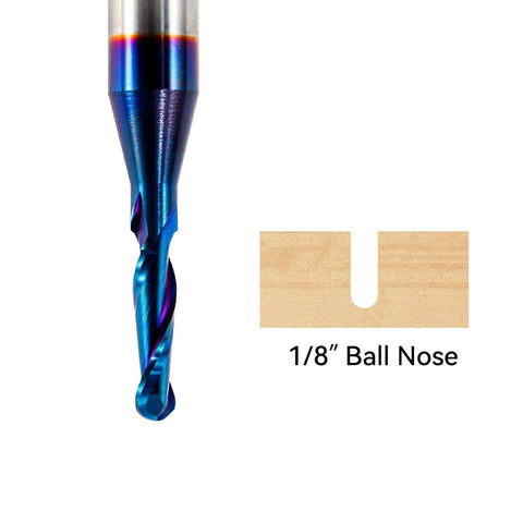Close-up of blue-coated carbide ball-nose end mill with 1/8 in cutting diameter for CNC routing