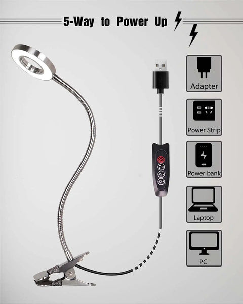 LED Clip On Reading Light With Dimmable Brightness, 3 Modes And 10 Levels, Flexible Clamp Desk Lamp USB Power Options