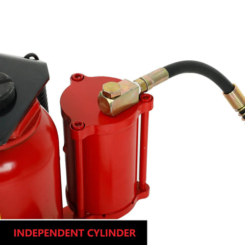 Close-up of red built-in independent cylinder on the Beefy 20 Ton Pneumatic Air Hydraulic Bottle Jack With Manual Hand Pump