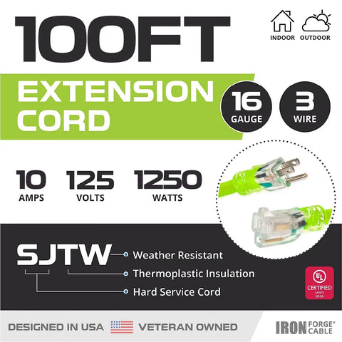 High Visibility 100 Ft Outdoor Extension Cord 16/3 SJTW 13 Amp Heavy Duty Neon Green With Lighted End visible with specifications