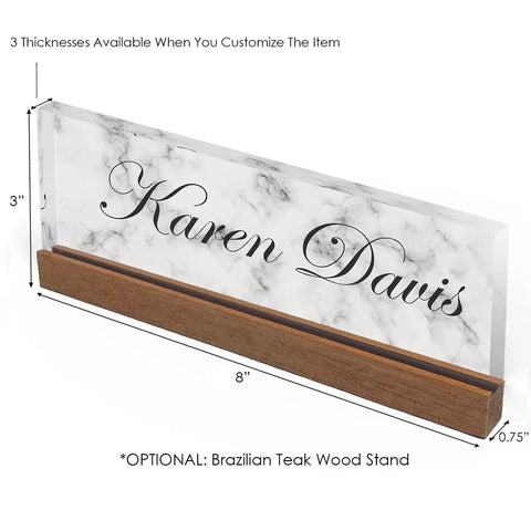 Personalized Desk Name Plate With White Marble Look On Clear Acrylic in wooden stand, engraved with 'Karen Davis'.