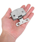 Double Pack Dead Quiet Stainless Steel Glass Door Hinges For Bathroom Kitchen Cabinet Replacement Top Shelf Soft Close Hardware with easy snap setup shown in hand.