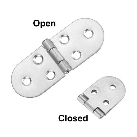 Heavy Duty Folding Table Hinges 4 Pack Stainless Steel Round Edge Brackets Easy Install Hardware For Furniture Build Solid Pivot Zero Drama Assembly Silver Finish showing open and closed positions.