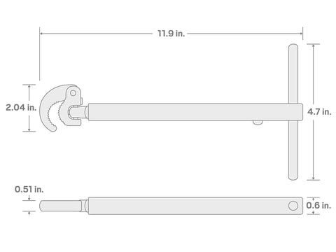 Diagram showing 11 Inch Basin Wrench with 180 Degree Pivoting Head for Reaching Tight Nuts on Faucets, Valves, and Drains.