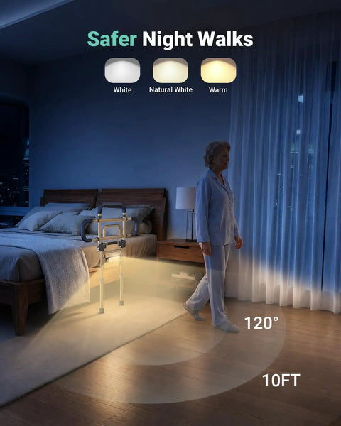 Must-Have 180-Degree Foldable Bed Rail for Seniors with adjustable height shown by bed, highlighting night safety features.