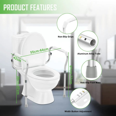 Rock Solid Adjustable Aluminum Toilet Safety Rail For Seniors shows features, adjustable height, non-slip grips, anti-slip foot mats.