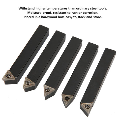 Front view of FLEXMAN 5-piece indexable turning tool set with 3/8in cemented carbide inserts for lathe turning
