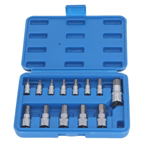 Complete Hex Bit Socket Set With 13 Essential Pieces Covering 2mm To 14mm With Versatile 1/4 3/8 And 1/2 Inch Drive in blue case.