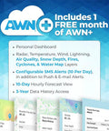 AWN+ service banner with free month trial, features list including weather maps, alerts, and 3-year history access.