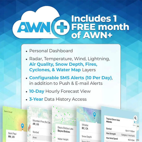 AWN+ service banner with free month trial, features list including weather maps, alerts, and 3-year history access.