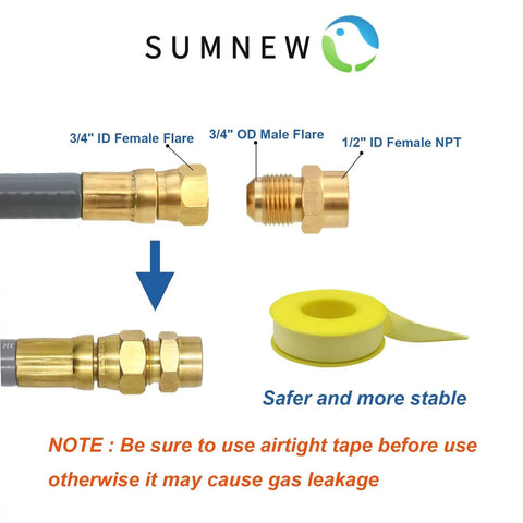 12 Feet Half Inch ID Natural Gas Hose With Quick Disconnect For BBQ Grills Pizza Ovens Patio Heaters And More Propane To Natural Gas Conversion Kit CSA Certified showing connectors and tape