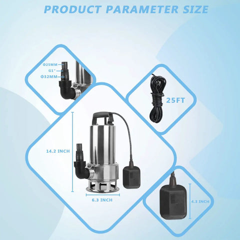 Product dimensions of Tough As Nails 1.5HP Submersible Sump Pump 115V Stainless Steel For Clean And Dirty Water, 4250 GPH, 32.8 Ft Lift